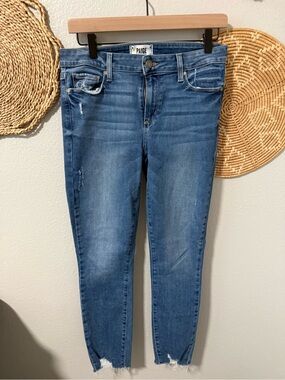 PAIGE Blue Ankle Crop Skinny Jeans with Raw Hem